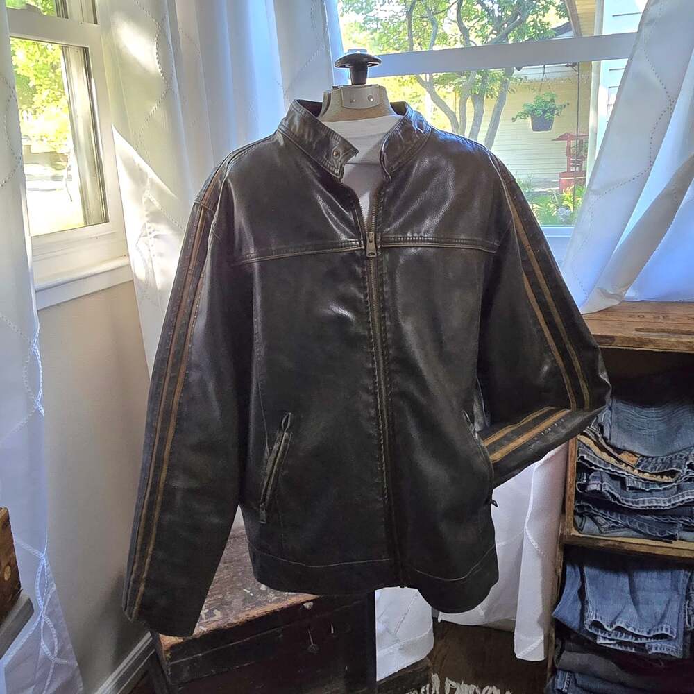Arizona Jean Co. Men's Brown Faux Leather Cafe Racer Motorcycle Jacket w Stripes